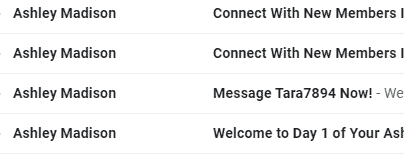 a photo that shows the different types of Ashley madison emails that are sent. this says, connect with new members, message tara7894, and welcome to day 1 of ashley madison. these are a few reasons why is ashley madison sending me emails 