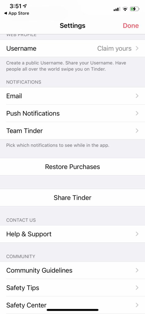 Tinder notifications settings menu