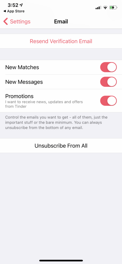 Tinder notifications settings menu