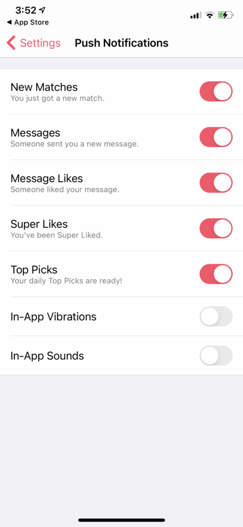 tinder push notifications menu