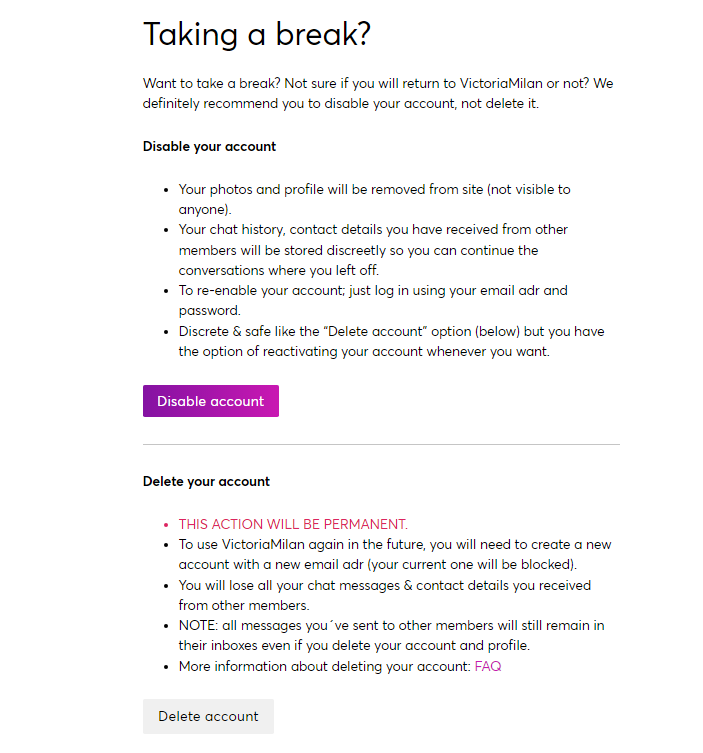Deactivating Victoria Milan account
