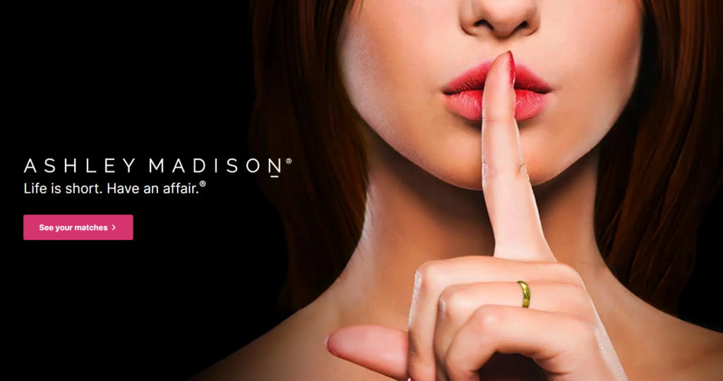 Ashley Madison dating app guide photo with a women holding her hand over her mouth. 